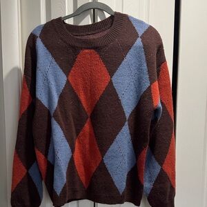 Argyle Pattern Cozy Sweater in Brown, Blue & Red
